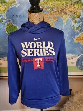 Women's Small Nike Royal Blue World Series Rangers Hoodie with Red Accents, 2023
